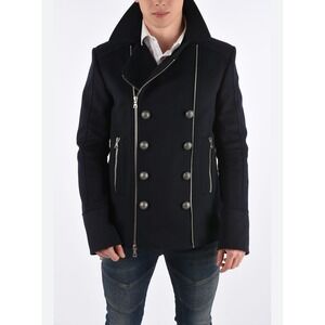BALMAIN Paris Men's Double Breasted Wool Blend Peacoat Jacket Black Size 60